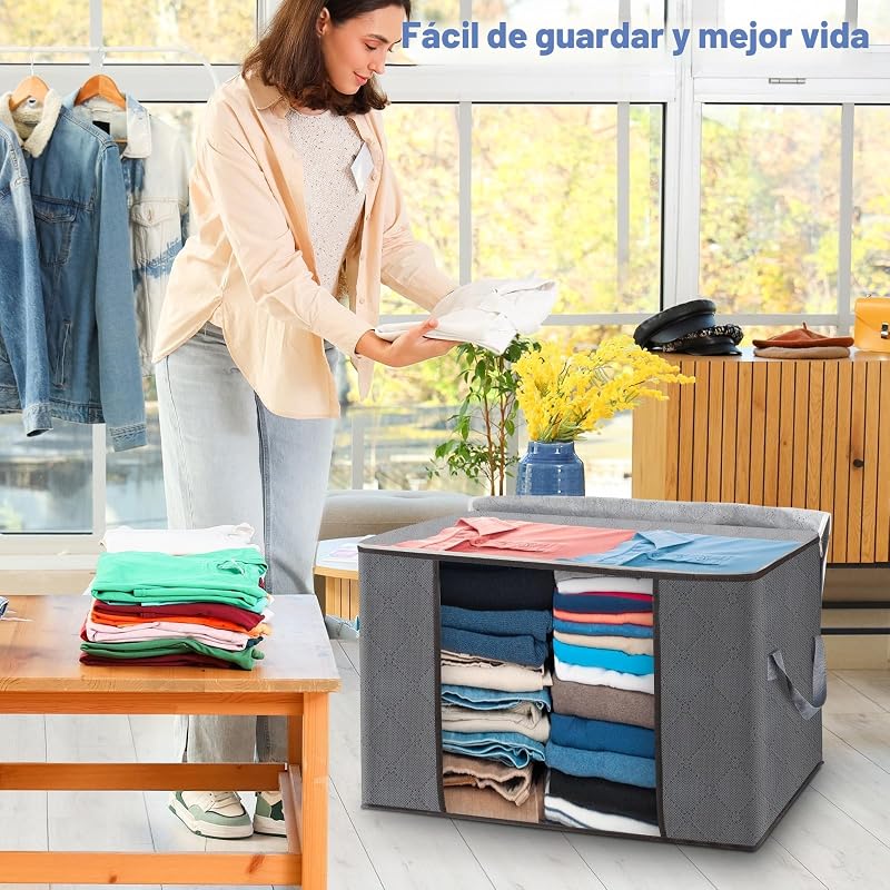 4pcs Bolsa de Almacenamiento de Ropa Plegable, 60L Grandes Cajas de Almacenaje Ropa con Mango Reforzado, No-Tejida Organizador Guardar para Edredones Mantas, 55x35x32cm — foto 7 de 7