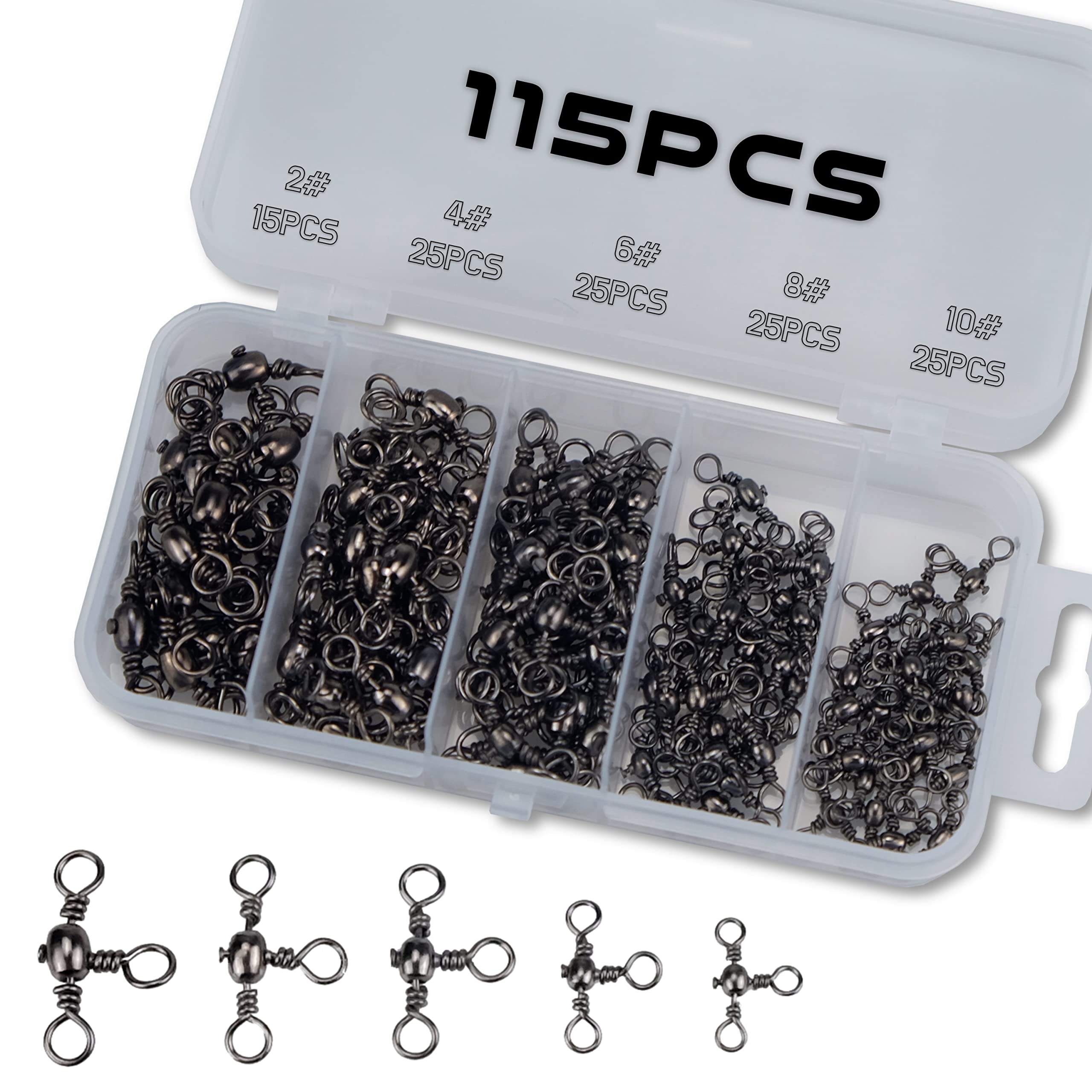 Piscorush 115Pcs Fishing 3 Way Barrel Swivels Set Crossline T-Turn Swivels Fishing Line Lure Hook Connector Copper Saltwater Fishing Tackle Accessories (#2,#4,#6,#8,#10-115Pcs Set)