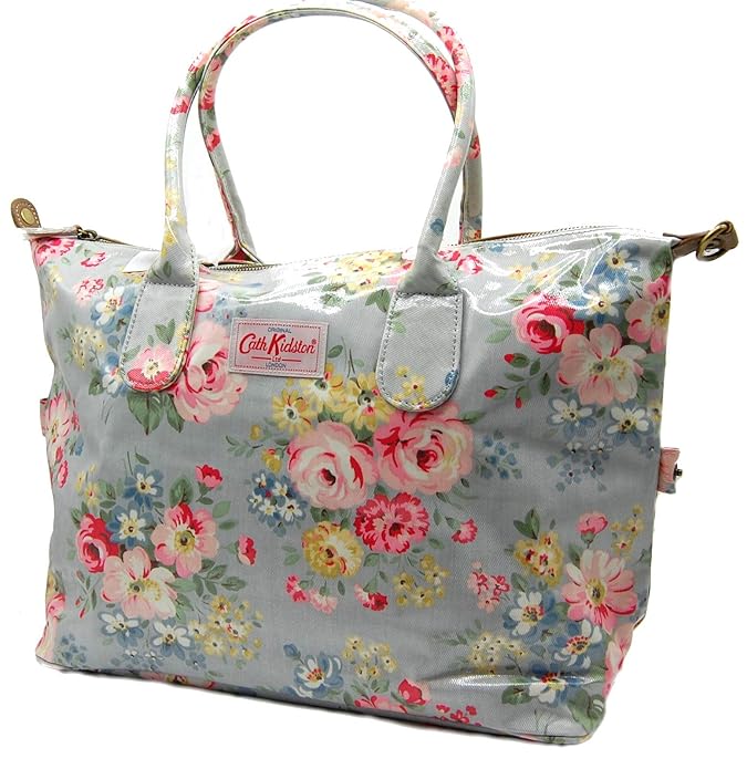 Cath Kidston zipped handbag spring bouquet grey grau mit großen Blüten oilcloth große Handtasche mit Reißverschluss 50 cm x 3