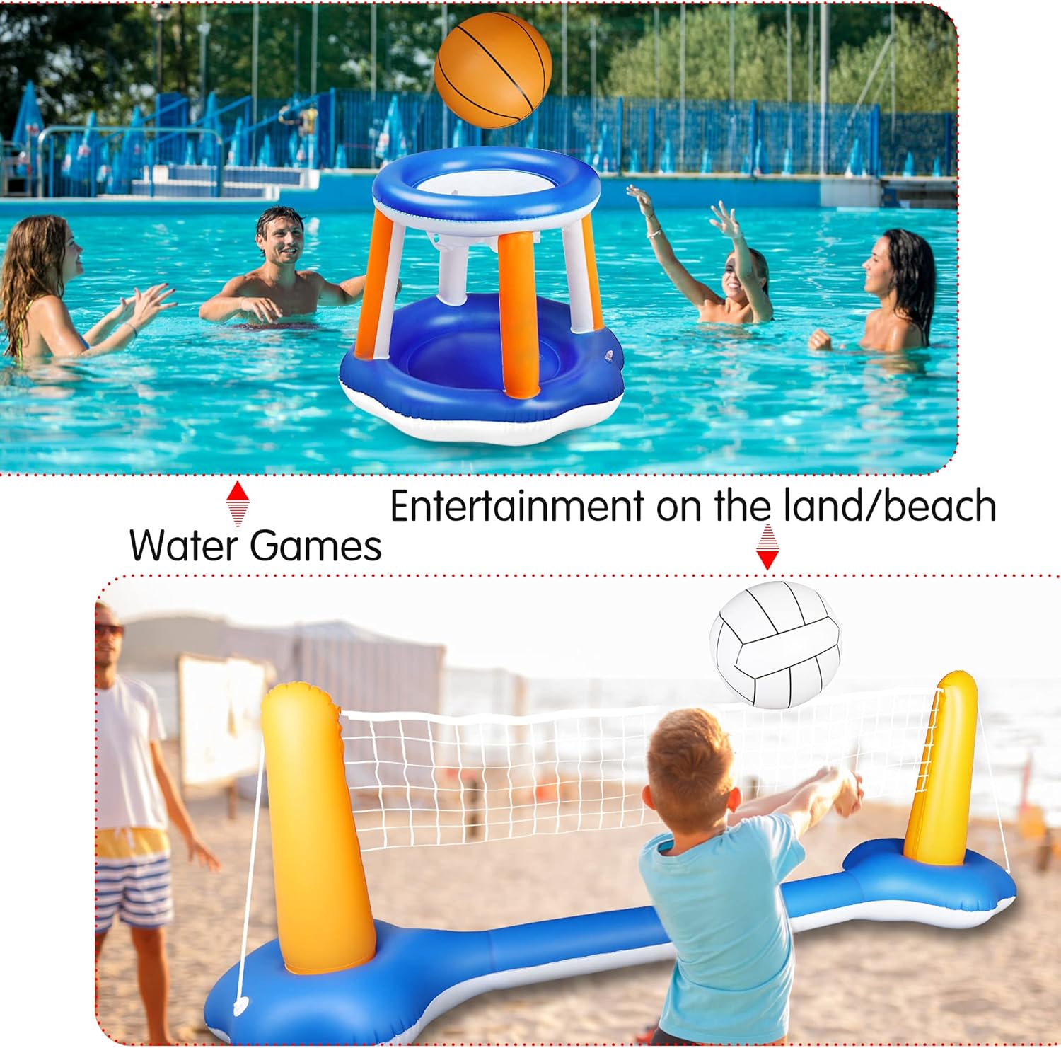 Pool Volleyball Set, Inflatable Volleyball and Basketball Net for Pool, Floating Pool Swimming Game Toys Nets Sets for Pool Activities Above Ground Pool Kids Adults (Upgraded Size, 120” inch): Sports & Outdoors