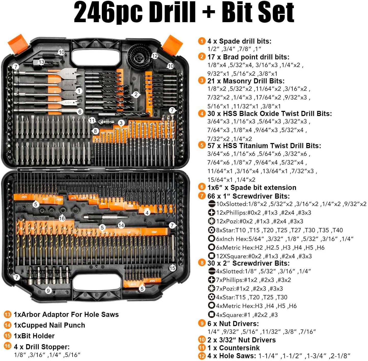 EnerTwist Drill Bit Set, 246-Pieces Drill Bits and Driver Set for Wood Metal Cement Drilling and Screw Driving, Top Rated Combo Kit Assorted in Plastic Carrying Case, ET-DBA-246 - - 