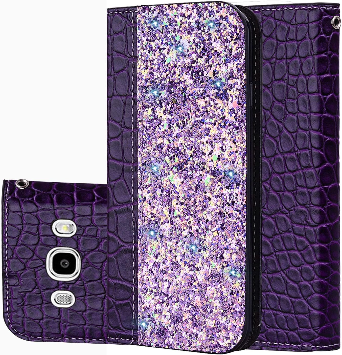 Phone Case for Samsung Galaxy J5 2016, Samsung J5 2016 Case Wallet, Slynmax Strong Magnetic Automatic Suction Shiny Crocodile Pattern PU Leather Flip Wallet Bright Purple Folio Cover
