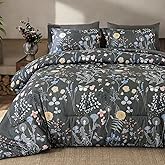 Yiran 7 Piece Grey Floral Comforter Set Queen Size, Botanical Flowers Bed in a Bag Queen, Soft Microfiber Complete Bedding Set with Sheets for All Season