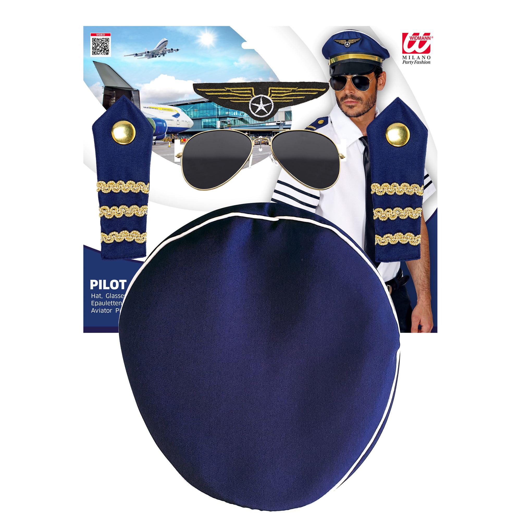 W WIDMANN MILANO Party Fashion Pilot Costume Accessories Set – Captain Hat, Aviator Sunglasses, Gold Epaulettes, and Wings Badge – Ideal for Airline-Themed Parties, Cosplay, and Halloween Costumes