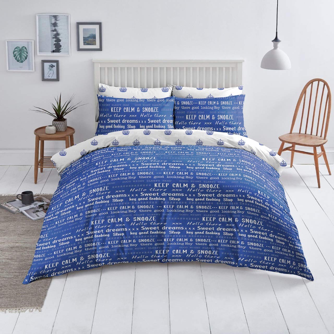 Indus Textiles Duvet Cover Set Easy Care Reversible Pattern Printed Quilt Cover Set With Pillow Cases - Keep Calm Blue - King