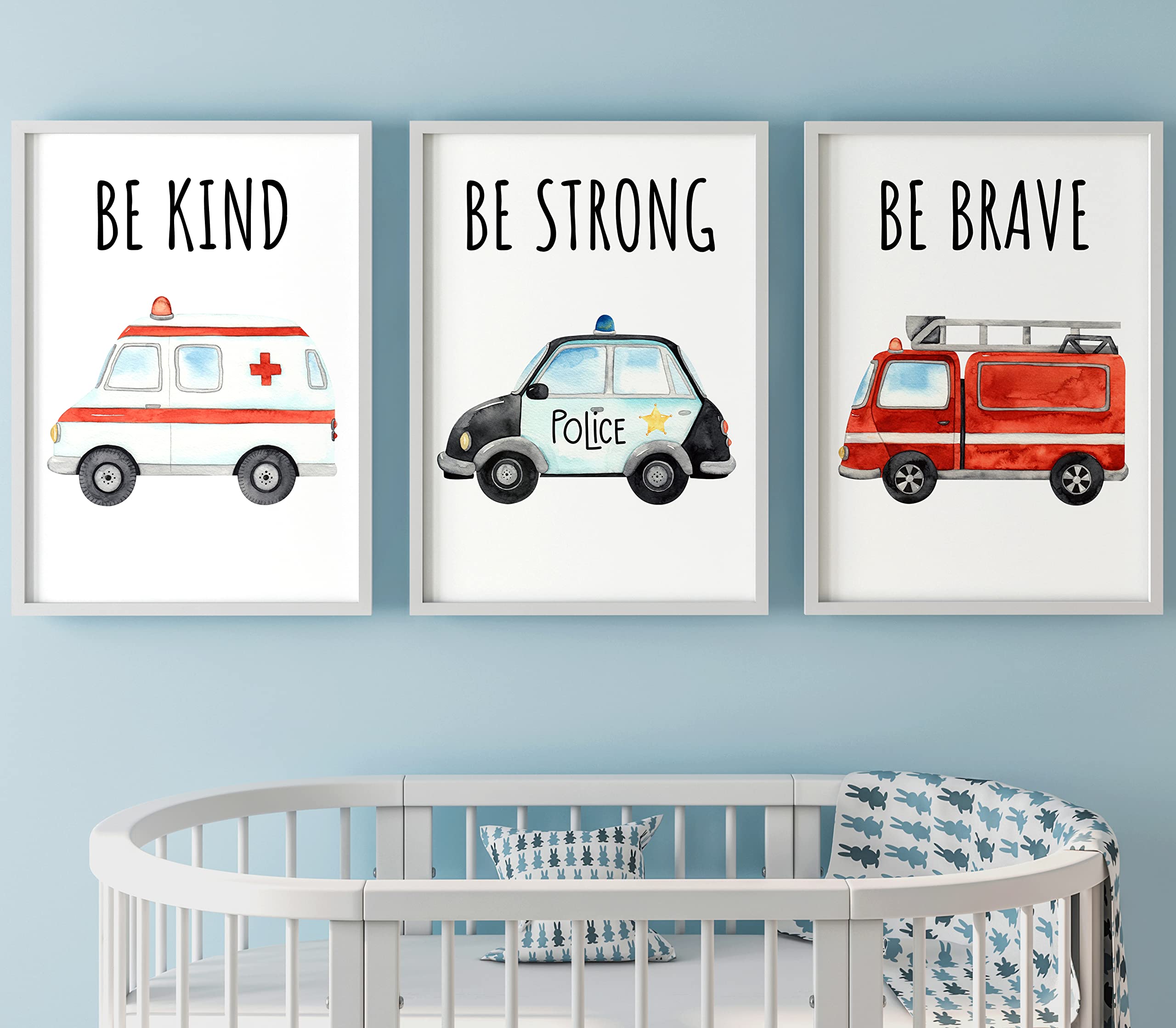 Emergency Vehicle Set Of 3 Unframed Boys Girls Nursery Bedroom Prints, Transport Decor Police Car Fire Truck Ambulance Wall Art Playroom Decor Quotes (A4)