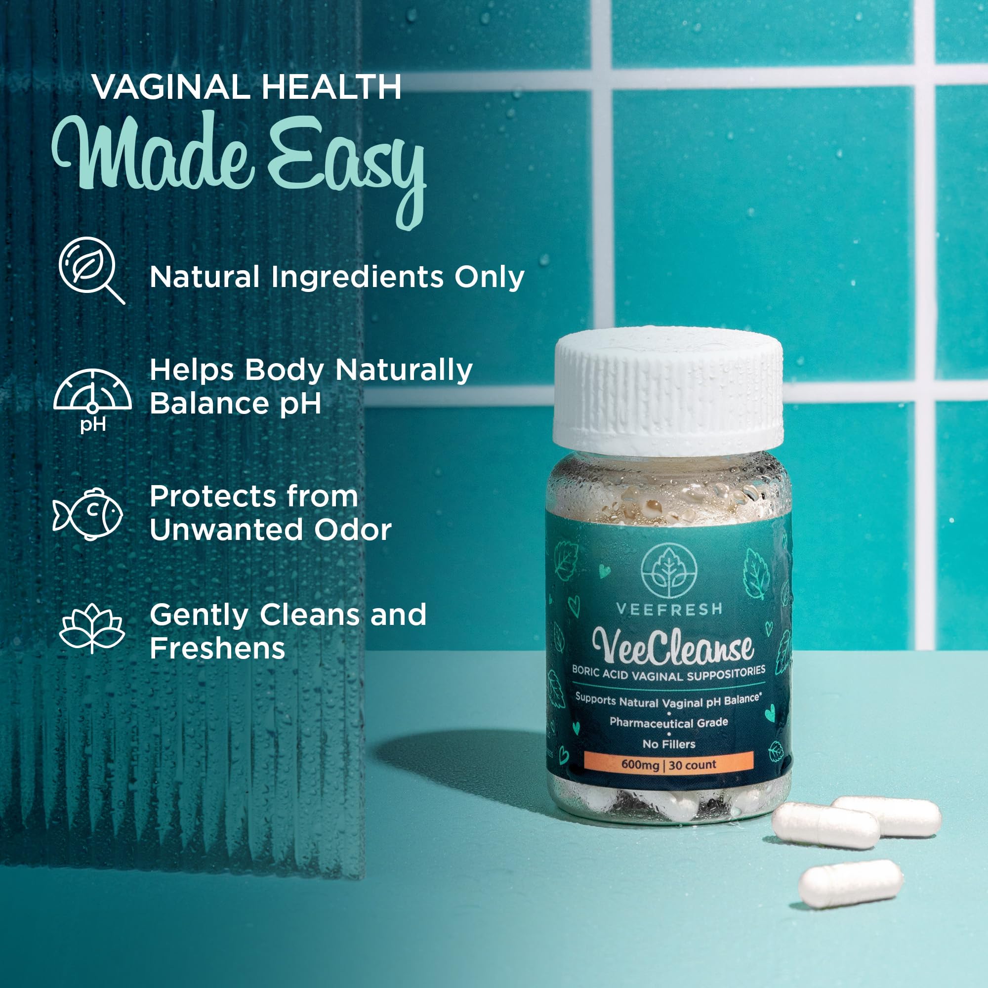 VeeFresh - VeeCleanse Boric Acid Vaginal Suppositories - Vaginal pH Balance Suppositories - Vaginal Odor Control - Feel Fresh, Feminine and Confident