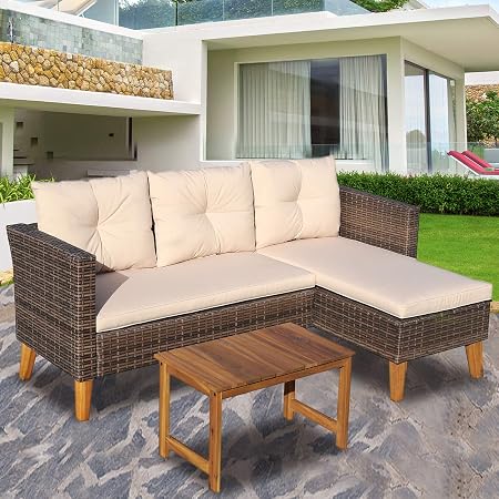 Amazon Com Patio Furniture 3 Piece Outdoor Sectional Sofa Brown Wicker Beige Cushions Garden Outdoor