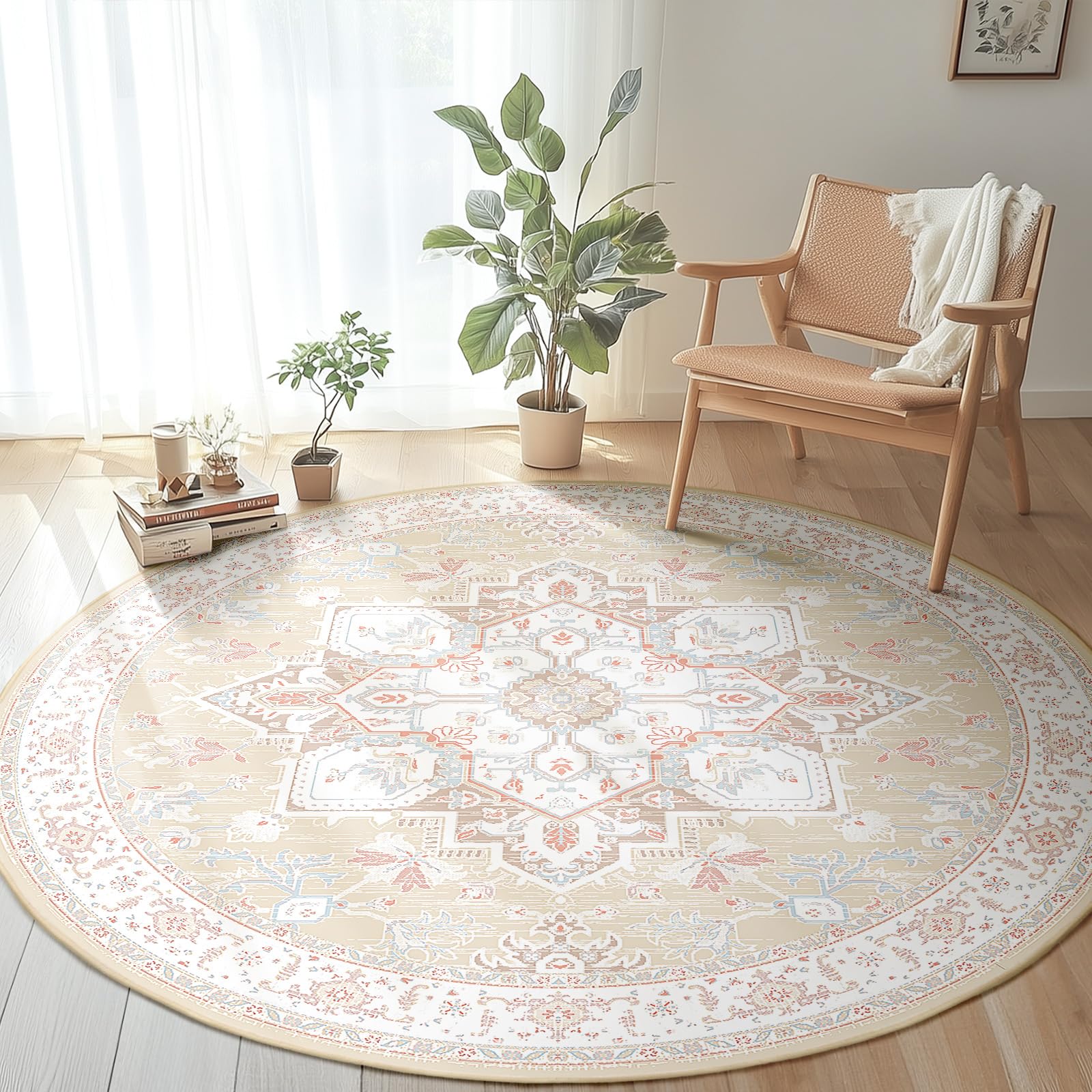 Photo 1 of BESTSWEETIE 6ft Area Rugs for Living Room Washable Non Slip Carpet Low Pile Soft Vintage Print Pattern Rug for Bedroom Dining Room Kitchen Entryway Indoor-Cream/Light Yellow/Brown/Blue/Red/Pink