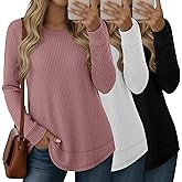 Velvelhall 3 Pack Women's Waffle Knit Sweatshirts Crew Neck Long Sleeve Tops Casual Loose Fit Pullover Tees Curved Hem Shirts