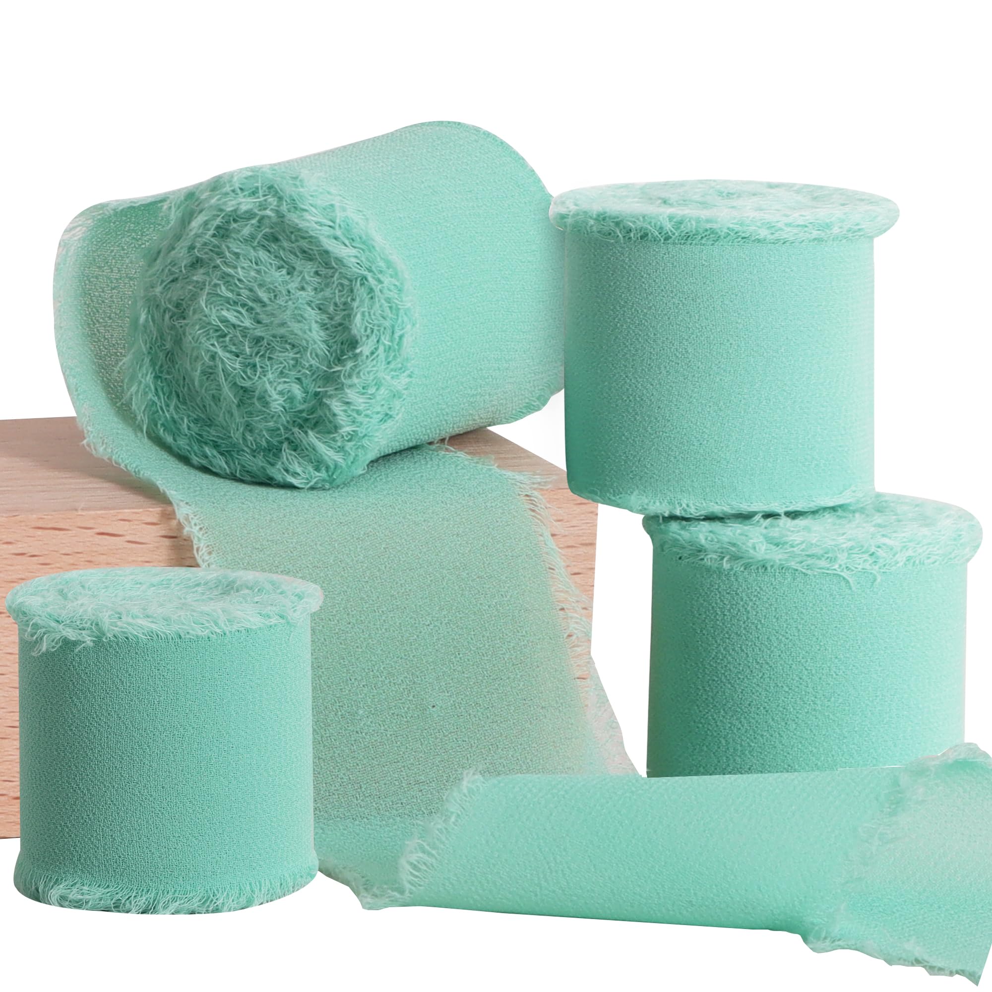TONIFUL 4 Rolls Silk Chiffon Ribbon, 1-1/2 Inch x 22yds, Lake Blue Chiffon Ribbons, Handmade Fringe Silk Ribbon Frayed Edges for Gift Wrapping Bridal Bouquets Wedding Invitations Decoration Crafts