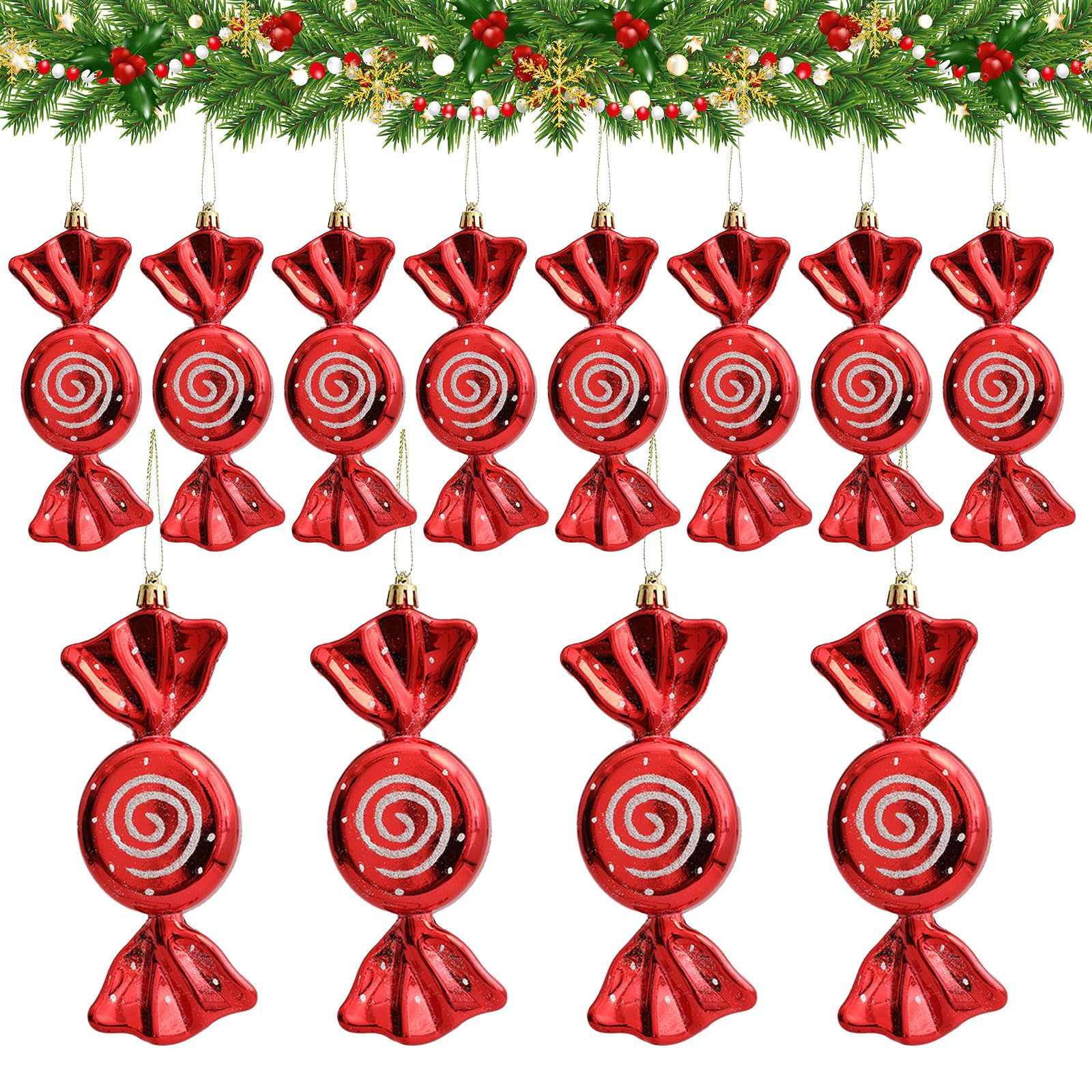 TUONYIS 12 Pcs Christmas Baubles Candy Ornaments, Hanging Candy Cane Ornaments Christmas Tree with Golden Ropes for Halloween New Year Party Home Xmas Decorations (Red)