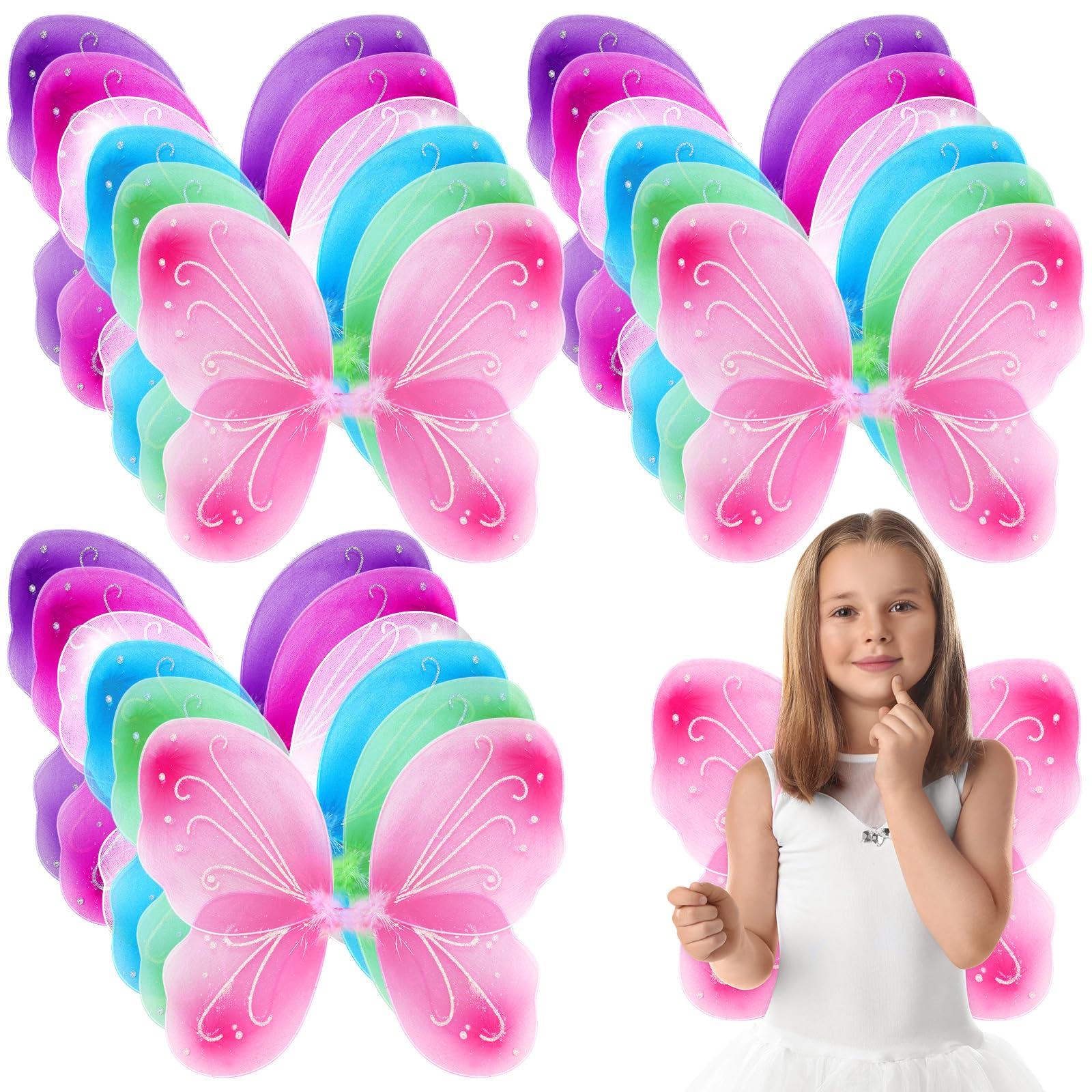 Photo 1 of 24 Pcs Fairy Wings Kids Bulk, Butterfly Angel Costume Wings for Girls 20 x 21 Inch, Fairy Princess Wings Fairy Birthday Decorations Butterfly Party Favors Supplies Halloween Dress up Role Play