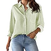 CUNLIN Grade 4 Wrinkle-Resistant Women's Button Down Shirts Striped Long Sleeve Collared Blouses Tops with Pocket