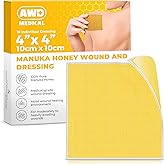 AWD Manuka Honey Gauze Dressing - 100% Impregnated Medical Grade Honey Patches - Medical Supplies, Wound Care, and First Aid - Gauze Pads 10 Count (4"x4")