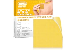 AWD MEDICAL AWD Manuka Honey Gauze Dressing - 100% Impregnated Medical Grade Honey Patches - Medical Supplies, Wound Care, and First Aid - Gauze Pads 10 Count (4"x4")