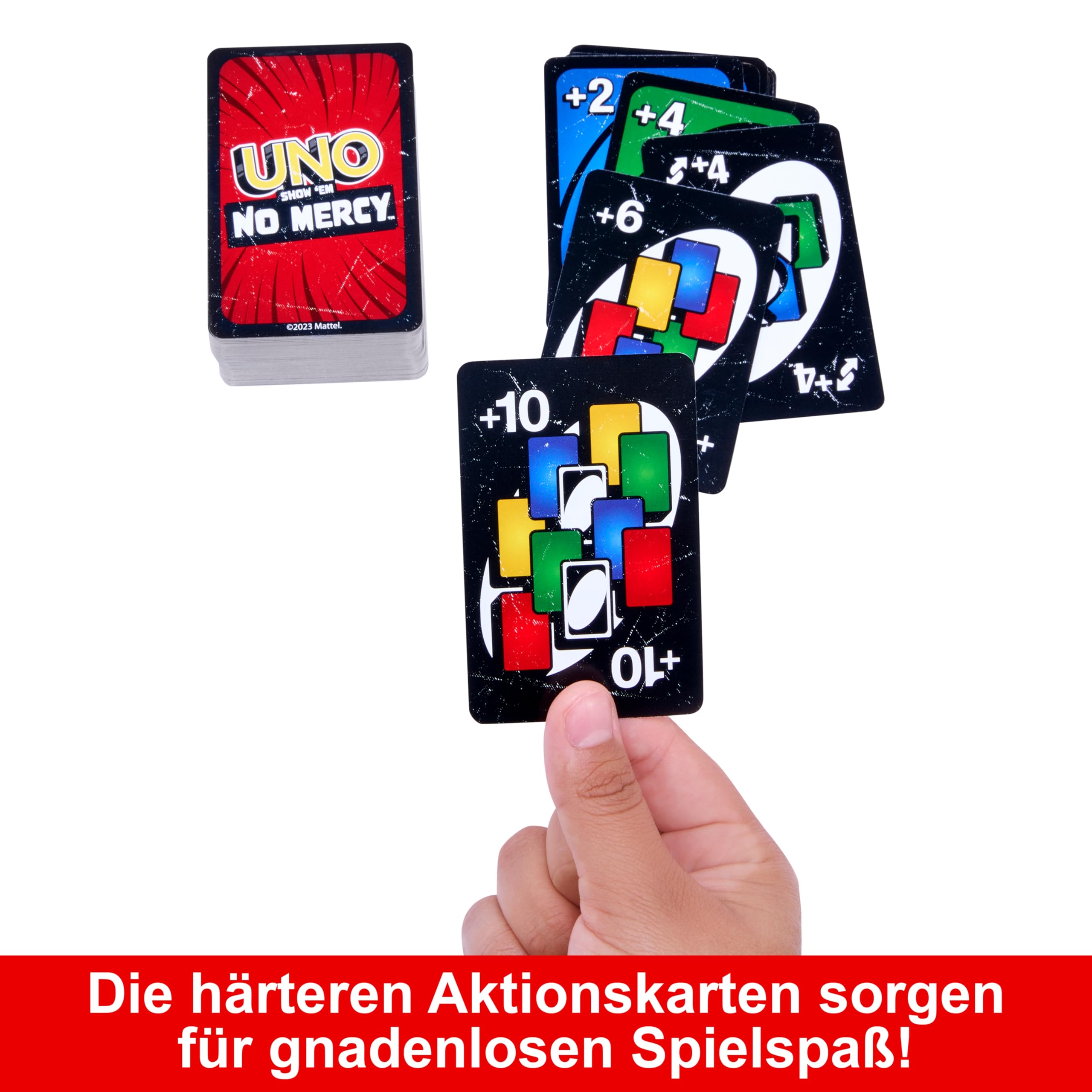 UNO Show 'em No Mercy - 56 zusätzliche Karten, Harte Aktionskarten und brutale Spielregeln für die gnadenloseste Version von UNO, Stapelregel und Handkartentausch, ab 7 Jahren, HWV18 4