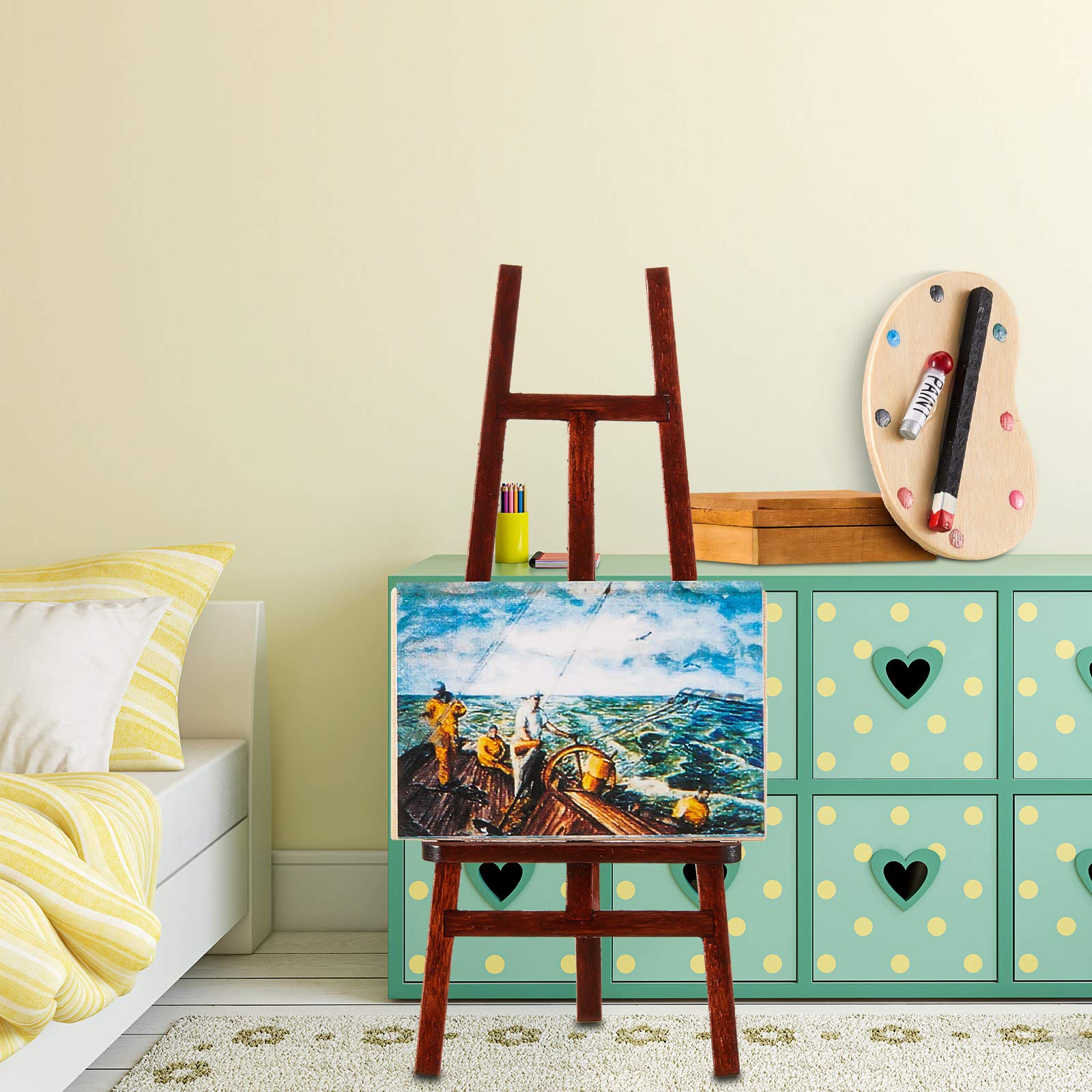 Skylety 3-Piece Dollhouse Painting Tool Accessories Set - Wooden Easel, Miniature Palette, Watercolor Box for Dolls