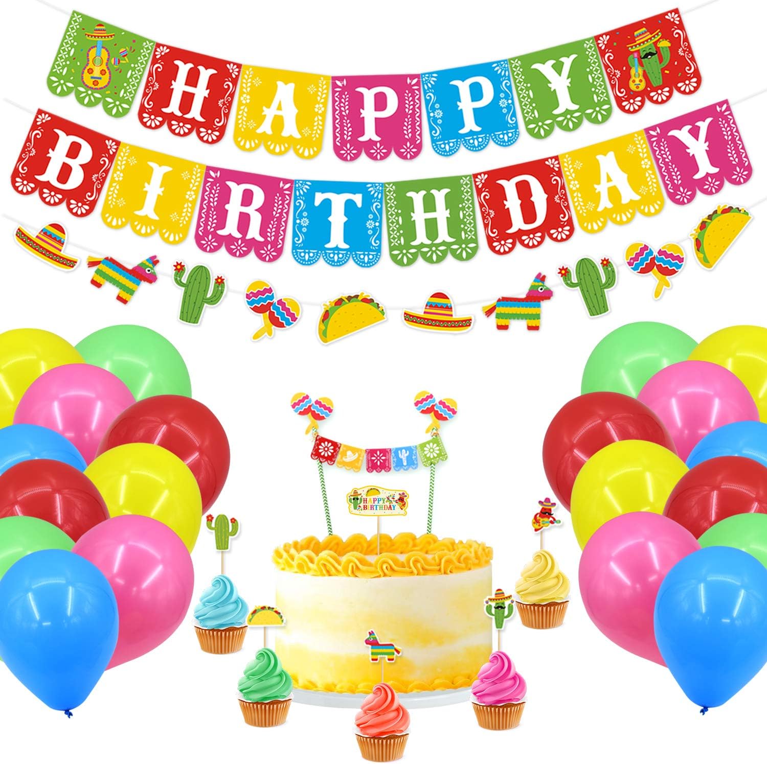 Kitticcino Birthday Party Decorations Kits Fiesta Party Supplies Mexican Taco Bout a Party Kit Happy Birthday Papel Picado Banner Birthday Cake Cupcake Toppers Latex Balloons Taco Cinco De Mayo 47 PCS