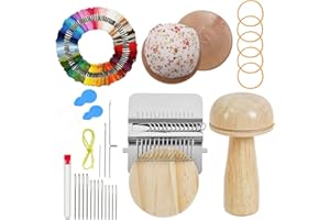 Knit kit Patch Loom, Mushroom Knit Kit Patch with 14 Hooks 16 PCS Large Eye Needles 100 Color Threads for Handcraft DIY Weavi