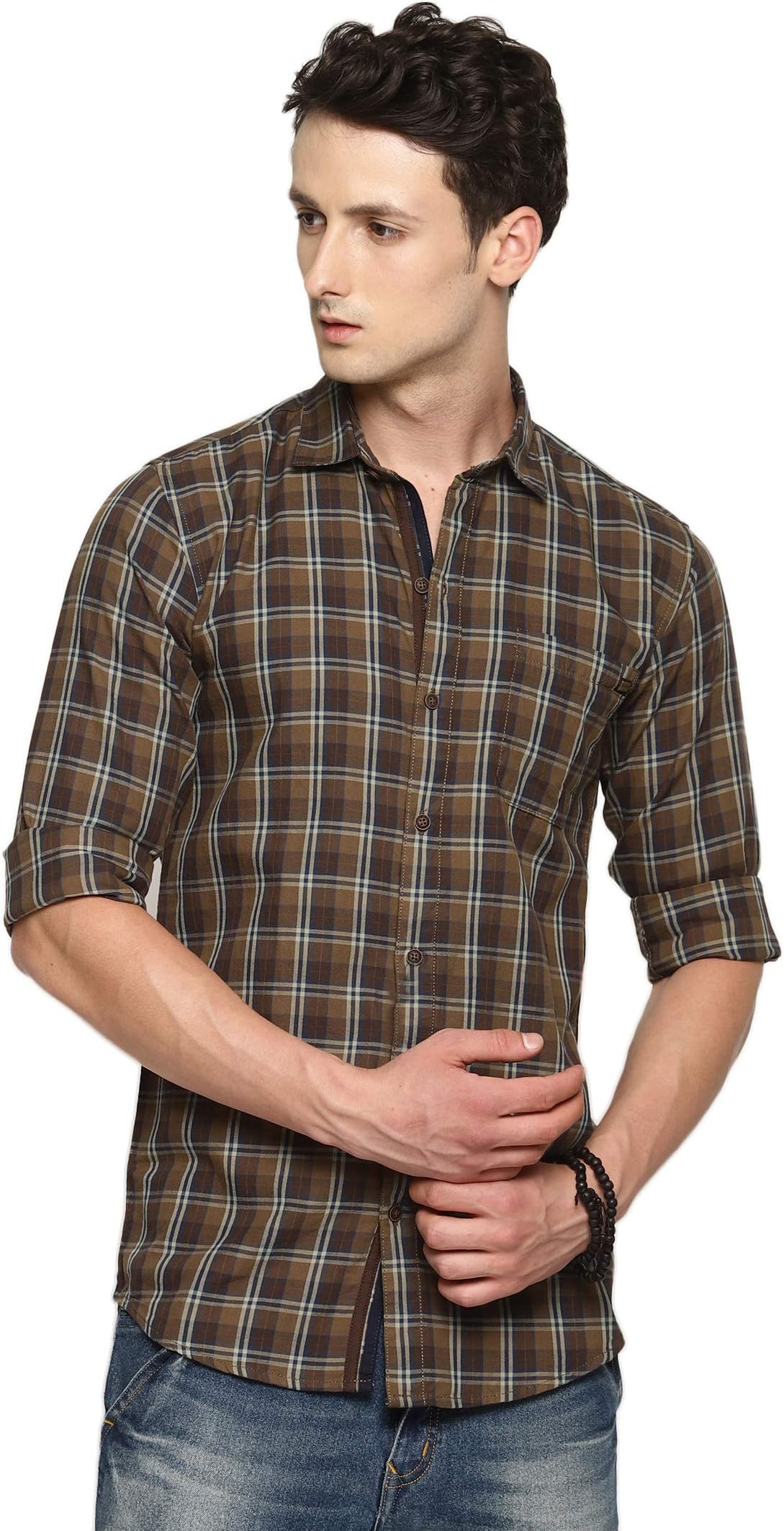NORTH REPUBLIC Men's Olive Green Cotton Full Sleeves Stylish Checkered Casual Shirt - Slim Fit
