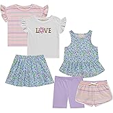 BTween Girls 6-Pack Casual Outfit Bundle with Ruffle Sleeve Tees, Peplum Tank Top, Skirt, Dolphin and Biker Shorts