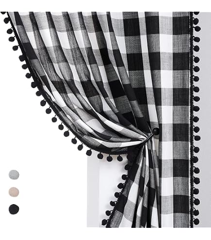 Buffalo Check Tier Curtains With Pom-Poms - 36 Inch Rod Pocket, Red/Black Plaid, Farmhouse Cafe Style - View #13