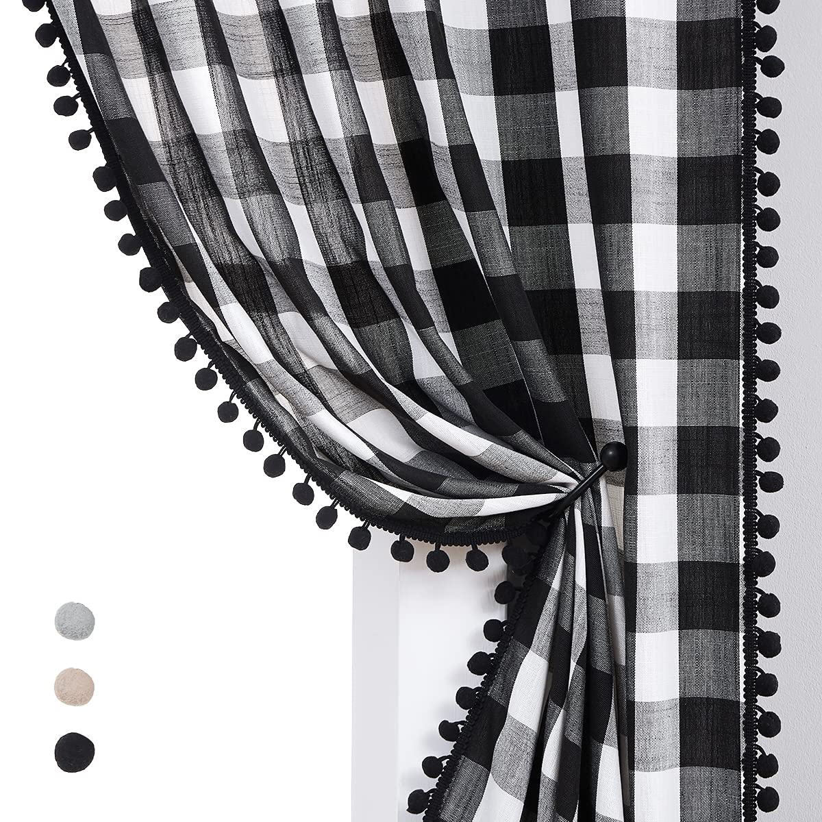 Pom Pom Curtains for Living Room 90" Drop Black and White Buffalo Checkered Pattern Semi Sheer Curtains Pencil Pleat Linen Texture Plaid Window Curtain Panels for Office Bedroom, 40" wide 2pcs