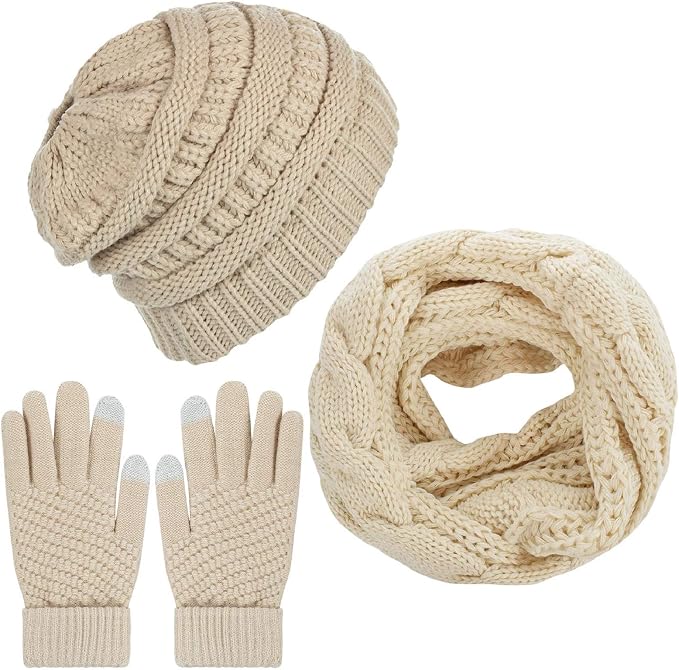 Ensemble Bonnet Écharpe Gants CheChury - Tricoté Hiver - Gants Écran Tactile - 3 Pièces - Femme