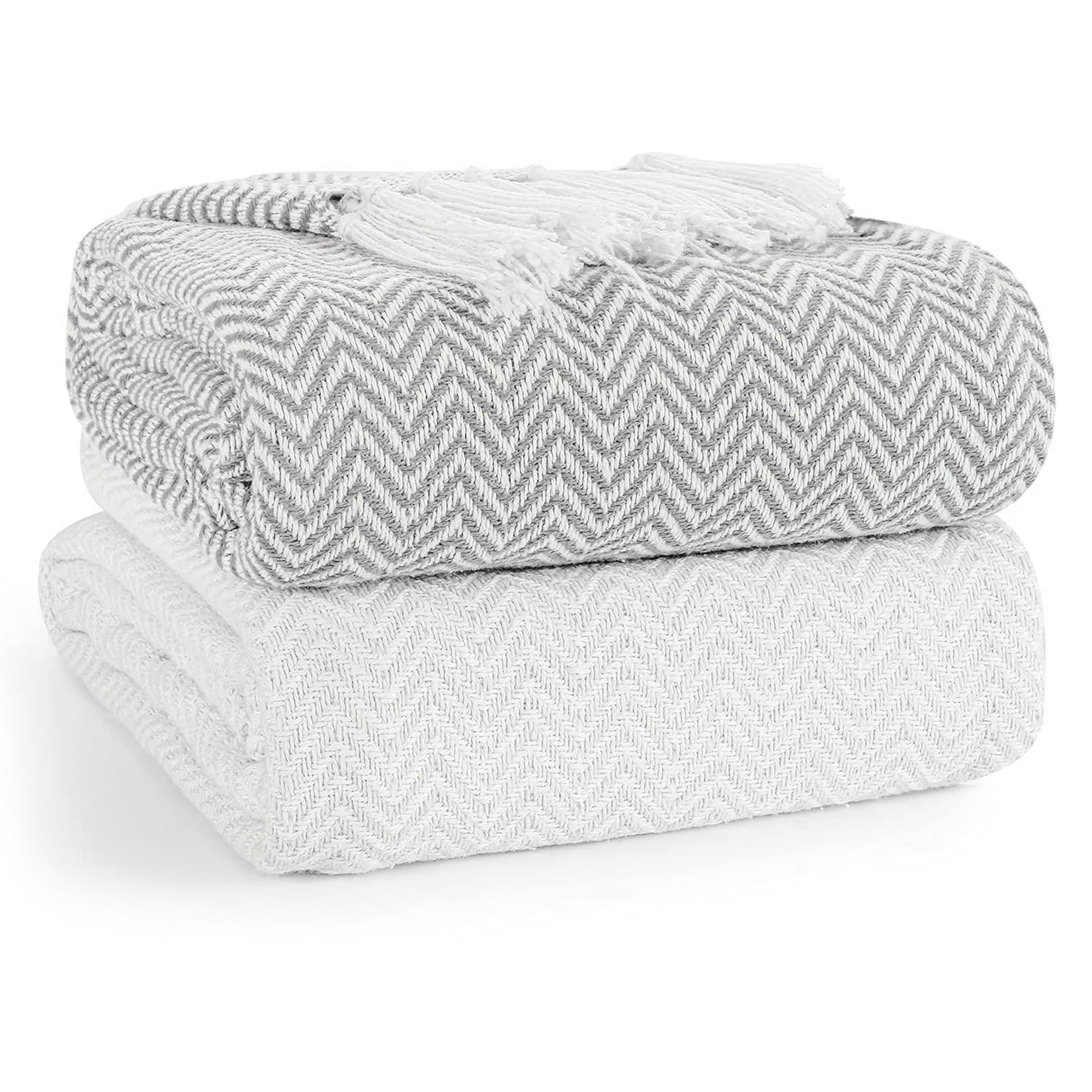 EHC PAIR Pack Chevron Cotton Throws for Sofa, Settees Chair Cover Blanket, 127 x 152cm (Pack of 2) - Ivory/Grey