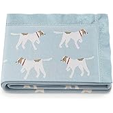 SmoothNovelty 100% Cotton Knit Baby Blanket 40" L x 32" W Blue Soft Cozy Knit Sheep Blanket with Cute Dog Design for Newborns Infants Toddlers Ideal Shower Gift for Boys Girls