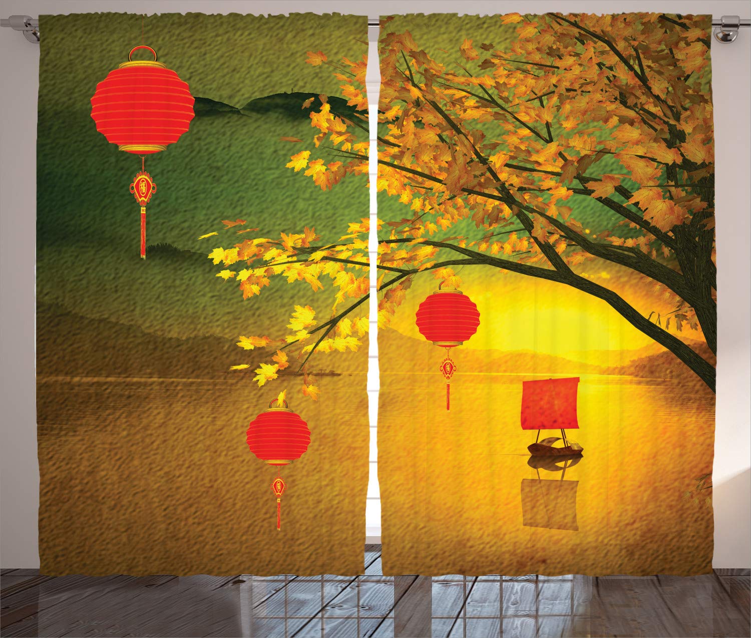 ABAKUHAUS Lantern Curtains, Traditional Chinese Lanterns Hanging from Pale Fall Trees Lake Faded Nature Photo, Living Room Bedroom Window Drapes 2 Panel Set, 280 x 225 cm, Pale earth yellow — image 1