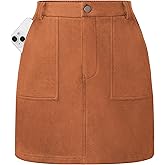Kate Kasin Women Suede Mini Skirt, High Waisted Pencil Skirt with Pockets, Fall Winter Skirts 2026