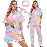 MORFORU 3 Piece Button Up Pajamas for Women Set Soft Pajama Shorts Pants Short Sleeve Pjs Sleepwear Pj Lounge Sets