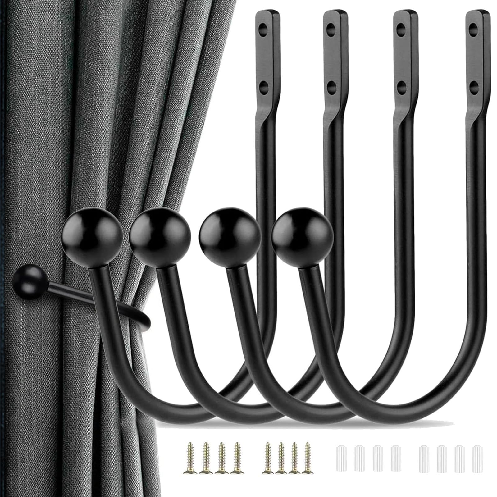 Fychuo Curtain Tie Backs Hooks 4 Pack Black Curtain Holdbacks Elegant Curtain Tiebacks Metal Tie Back Hooks for Curtains Holder Wall Hooks with Screws