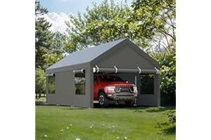JY QAQA PET JY QAQA Carport, 12x20 FT Heavy Duty Carport with Removable Side Walls and Doors, Portable Garage with Roll-Up Window and Sandbags, Car Canopy with All-Season Tarp for Cars, Trucks, Boats, Grey