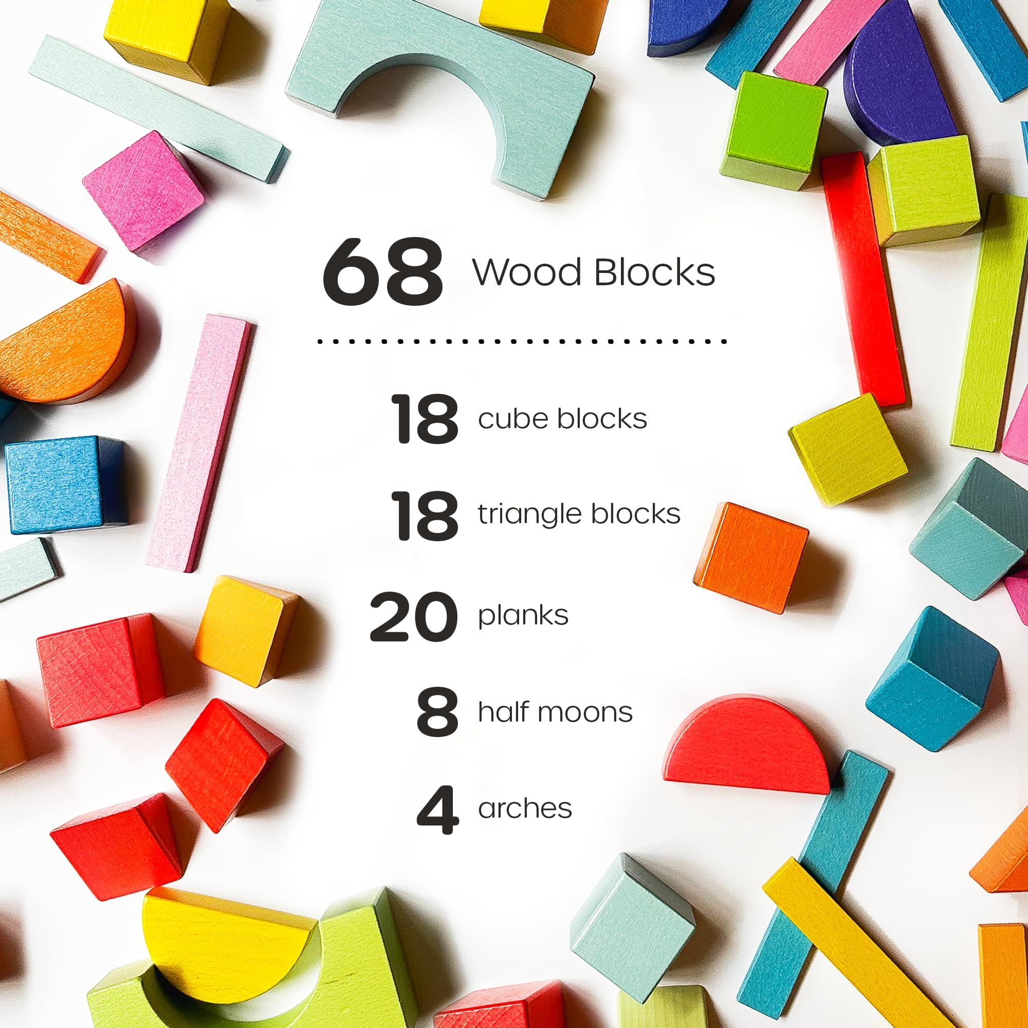 Quiggly Montessori Wooden Rainbow Building Blocks Set | 68-Piece Educational STEM Toy for Toddlers | Includes Storage Box with Carry Handles | Ideal for Ages 12-48+ Months (Wooden Storage Box)
