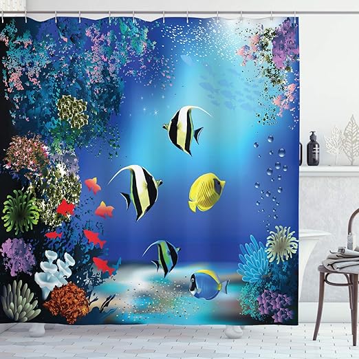 Amazon Com Ambesonne Underwater Shower Curtain Tropical Undersea With Colorful Fishes Swimming In The Ocean Coral Reefs Artsy Image Fabric Bathroom Decor Set With Hooks 70 Long Blue Navy Home Kitchen