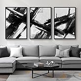 Large Framed Black and White Abstract Canvas Wall Art for Living Room, 3 Piece Modern Prints Paintings Artwork for Walls, Minimalist Abstract Brushstroke Pictures for Hallway Dining Office Wall Decor 24x36 Inch