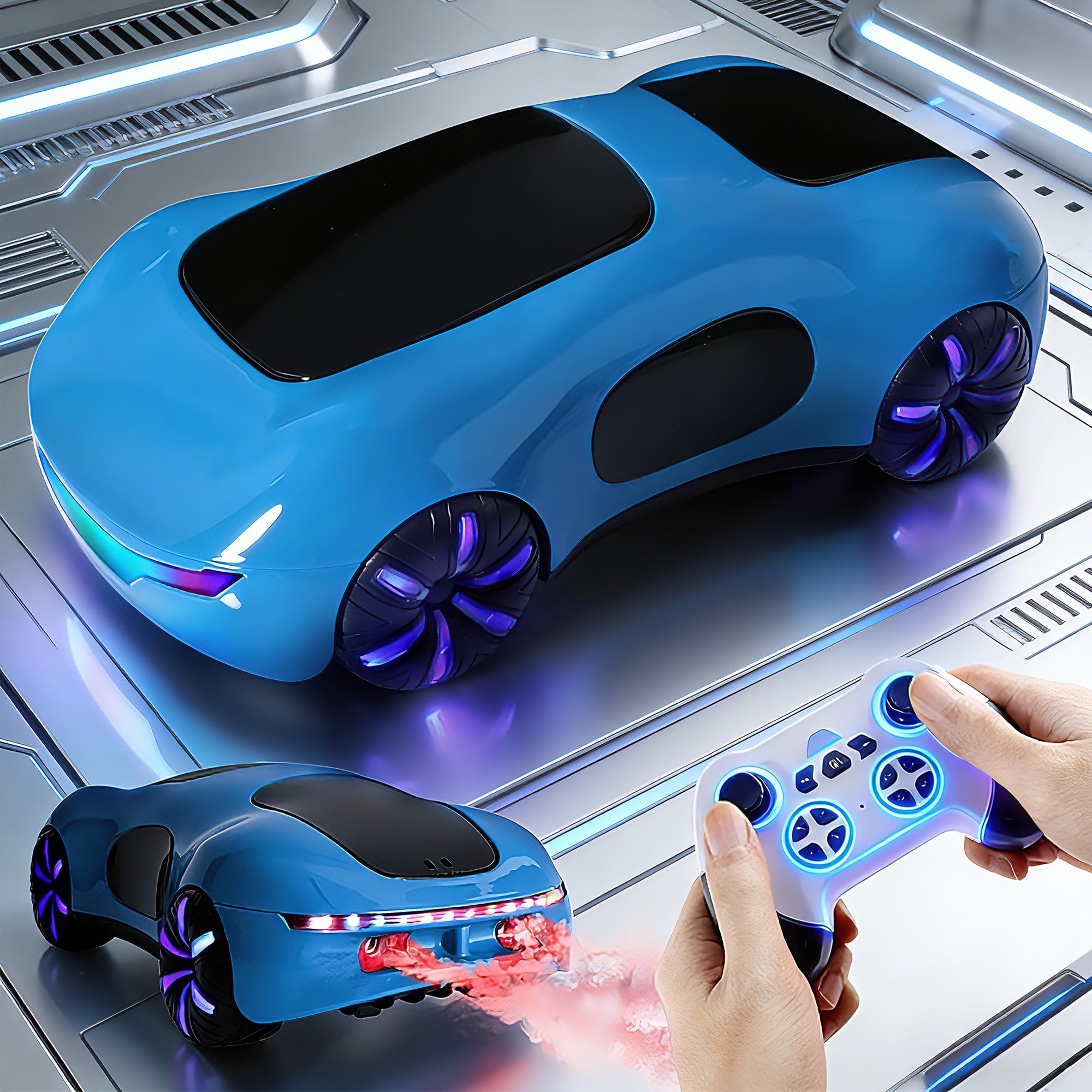 BunnyJOY Remote Control Car for Kids Boys 5 6 7 8, RC Stunt Car 360° Drift 2.4GHz, Rechargeable, Dynamic Lights, Spray Effects & Sound, Toy for Boys 7 8 9 Year Old Birthday Gifts, Blue — image 1