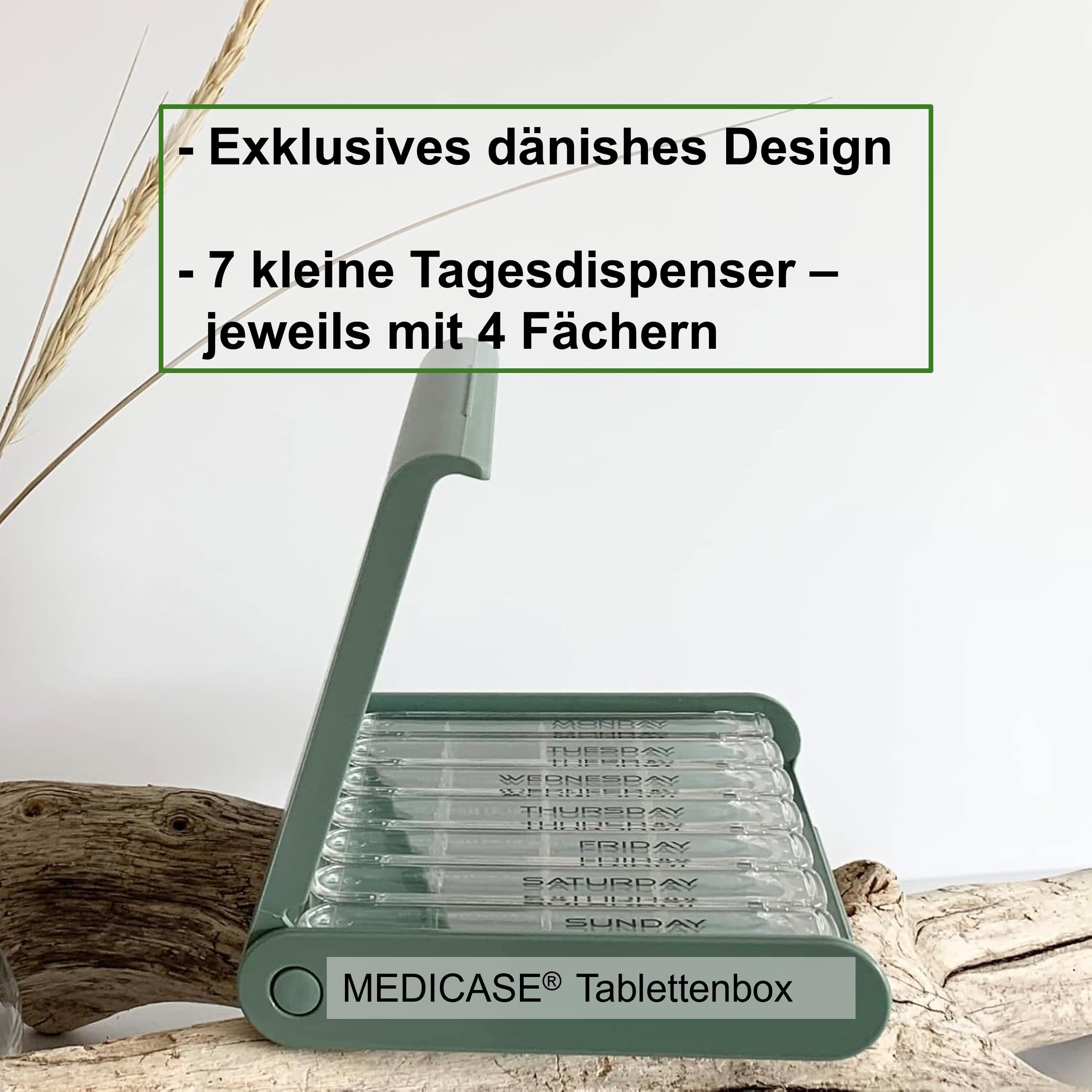 MEDICASE Exklusive und diskrete Tablettenbox 7 Tage | Dänisches Design | Hohe Qualität & Langlebigkeit | Für Heimgebrauch & Unterwegs | Kleine Dispenser, 4 Fächern, Wochentage auf Deutsch | Staub Grün 8