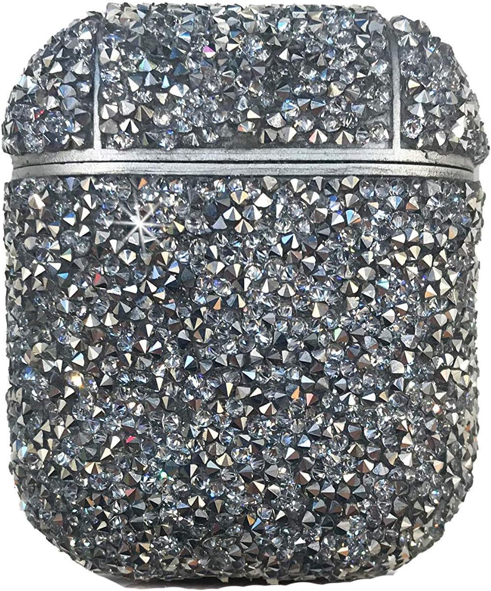 Bling Crystal Diamond AirPods Case,Handmade Luxury Rhinestone Protective Charging Case Cover for Apple AirPods 2 and 1 (Silver)