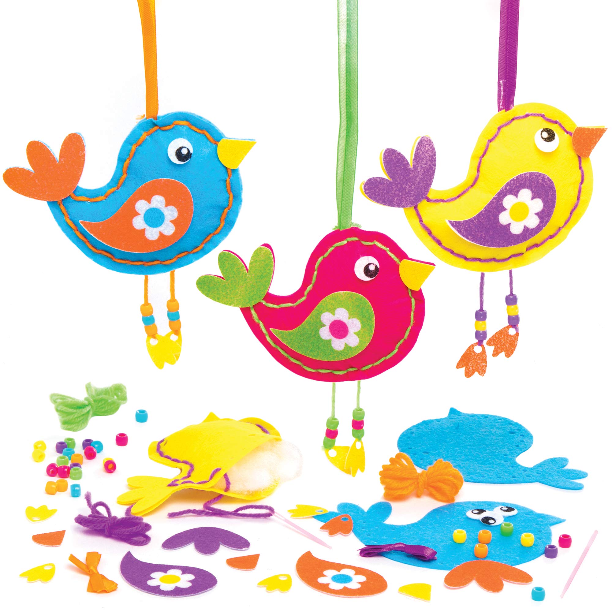 Baker Ross Bird Decoration Sewing Kits, Creative Art and Craft Supplies for Kids to Make and Decorate (3 Pack), AT568,Blue,pink