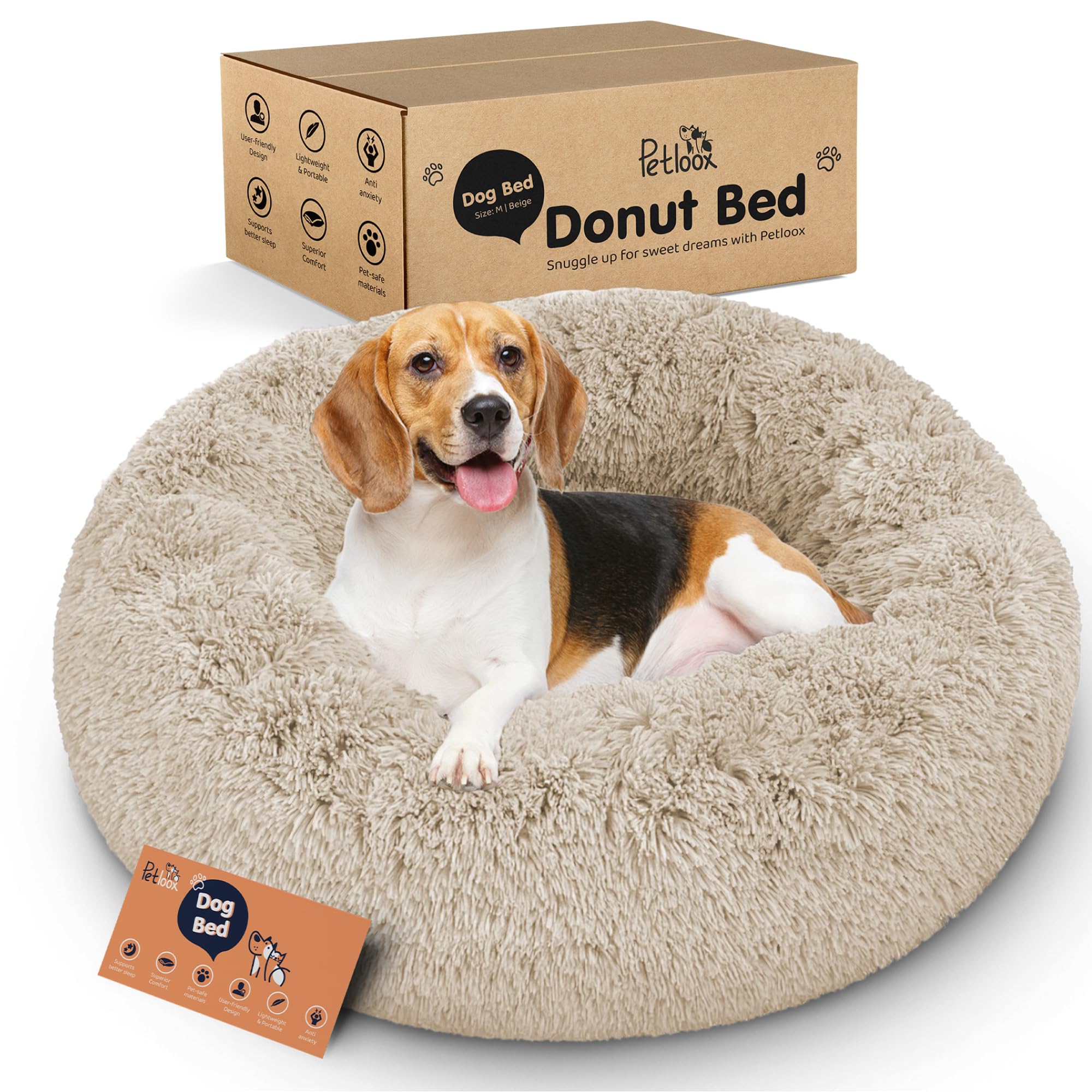 Photo 1 of Petloox Donut Dog Bed - Premium Comfort for Anxiety Relief - Fluffy & Calming Design with Ultra-Plush Support | Cozy Round Dog Bed with Super Soft Circle Style (Size M Beige)