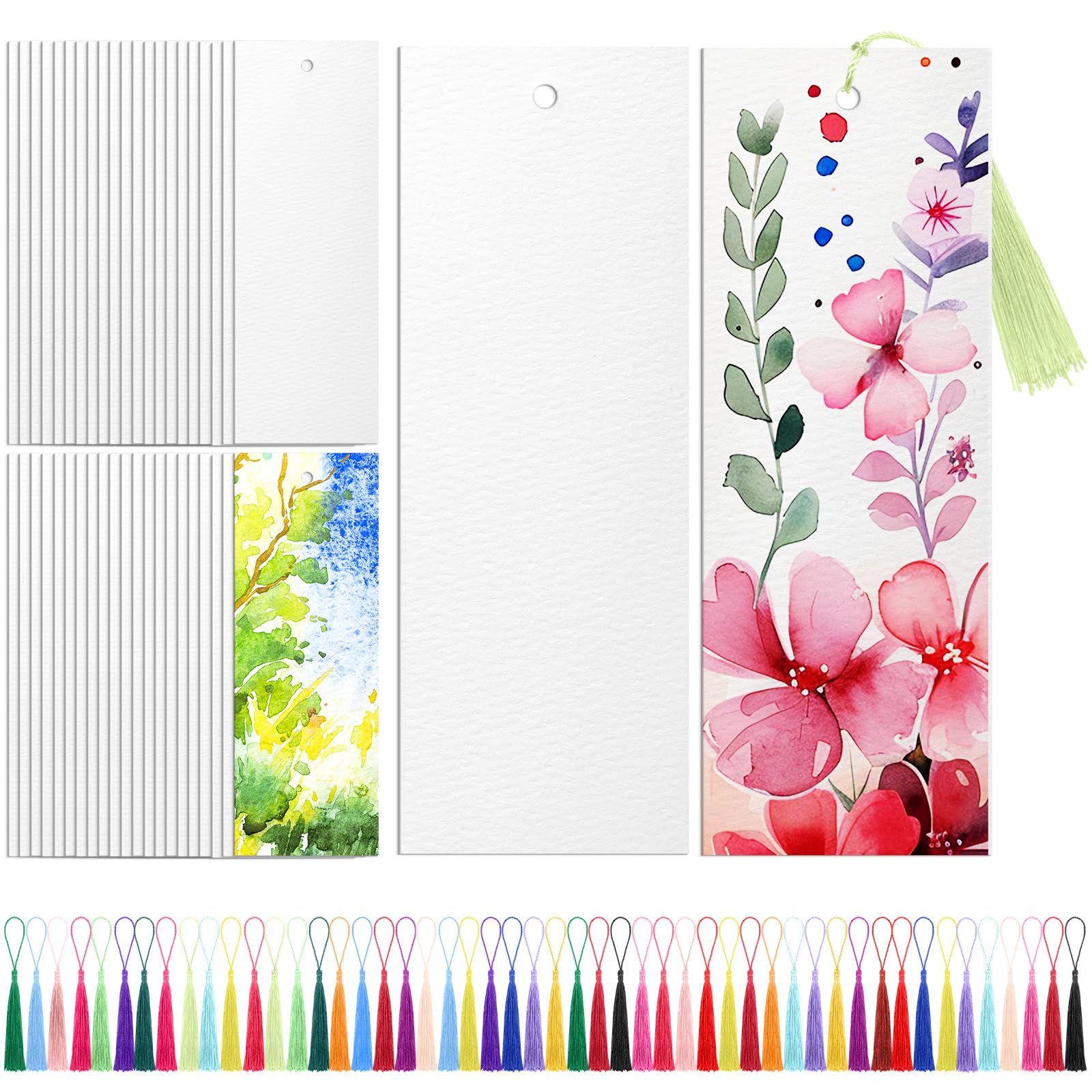 Photo 1 of Skyygemm 100 Pcs Watercolor Paper Blank Bookmarks with Colorful Tassels DIY Book Marks Kit Cotton Watercolor Paper Bookmarks with Hole Bookmark Pad for DIY Classroom and Gifts Tags, 5.5 x 2 Inches