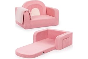Foryoomi Kids Couch, 2-in-1 Soft Toddler Couch Fold Out with Blanket, Comfy Toddler Chair, Convertible Sofa, Gifts for Kids Girl Boys, Medium Pink Rainbow