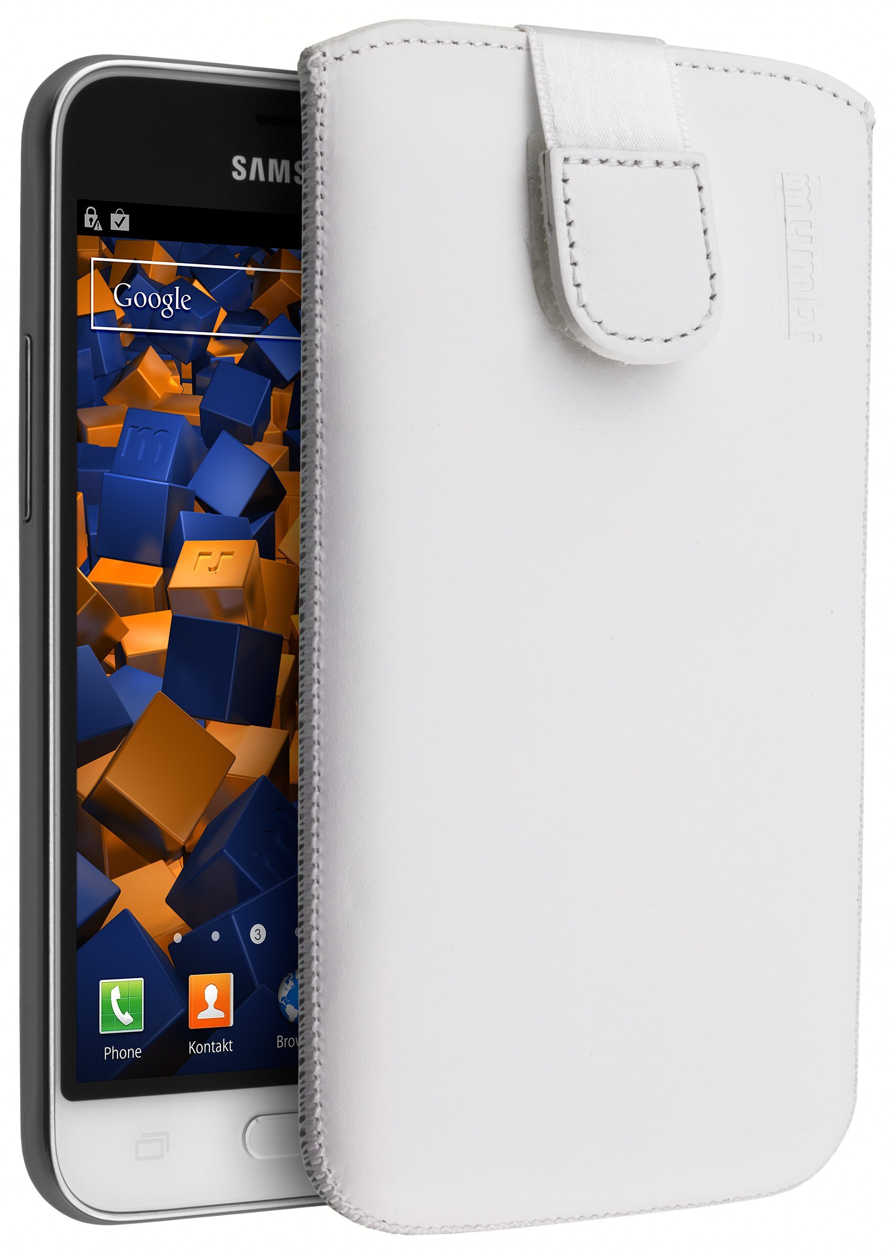 mumbi Genuine Leather Case for Samsung Galaxy J1 (2016) White with Flap and Pull-Up Strap