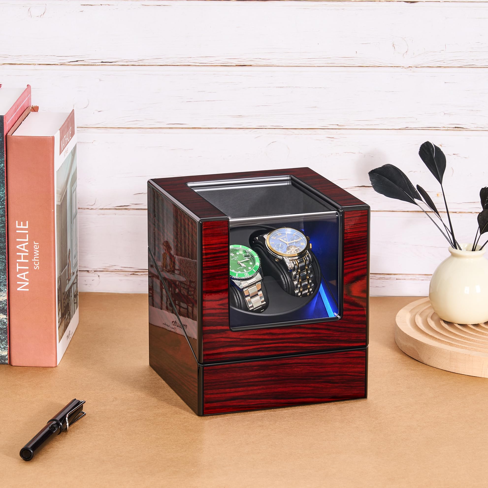 ANWBROAD ANWBROAD Watch Winder for Automatic Watches Double with Super Quiet Motor Flexible Watch Pillows LED Backlight Wooden 5 Modes Battery or Type-C Adapter UJWW001Y