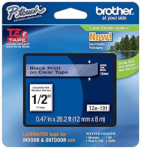 Brother Genuine P-touch TZE-131 Tape, 1/2" (0.47") Standard Laminated P-touch Tape, Black on Clear, Perfect for Indoor or Outdoor Use, Water Resistant, 26.2 Feet (8M), Single-Pack