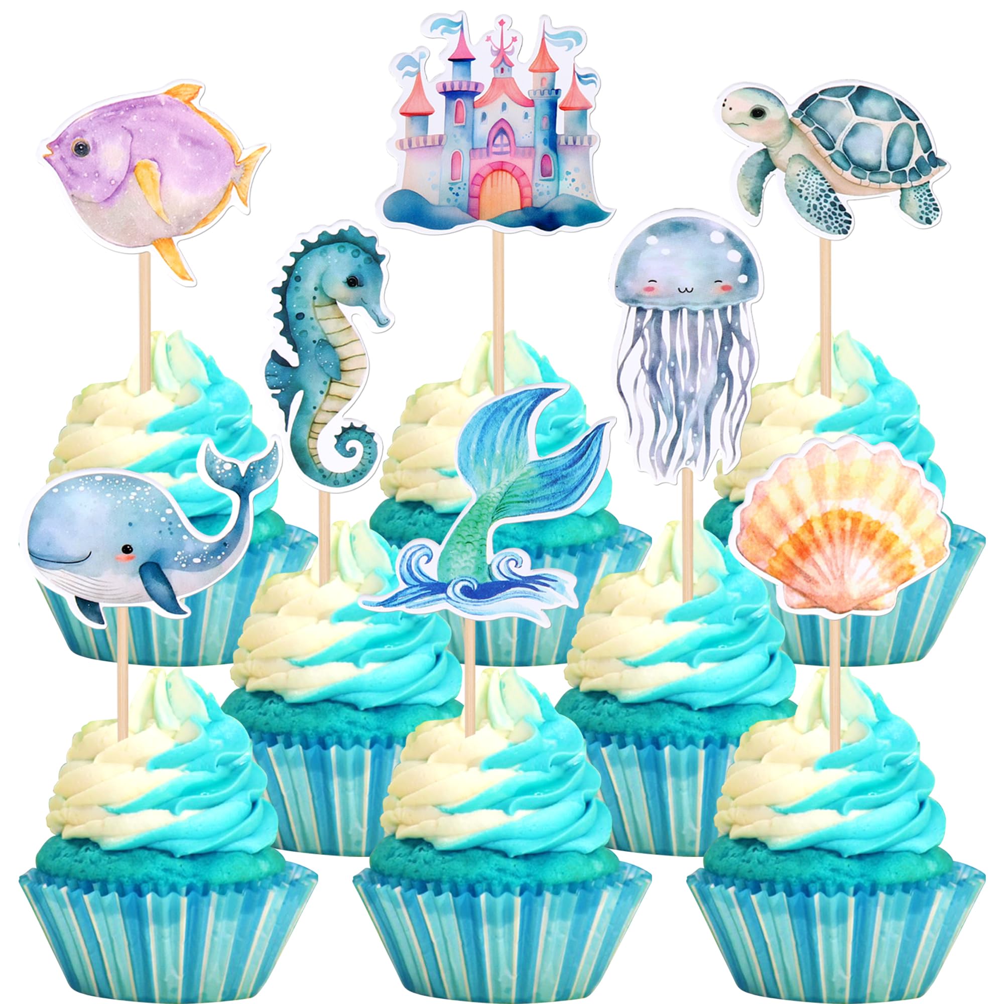 SYKYCTCY 32 Pack Mermaid Cupcake Toppers Glitter Under The Sea Octopus Starfish Mermaid Tail Cupcake Picks Jellyfish Seahorse Coral Cupcake Decorations for Baby Shower Cake Decorations Supplies